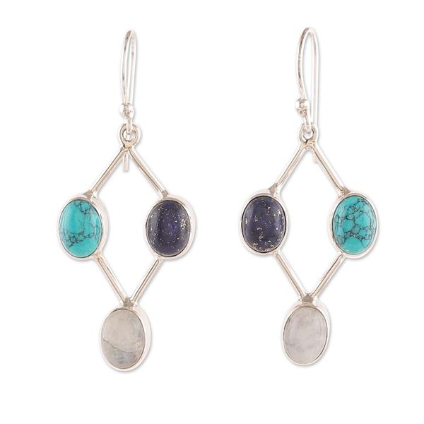 Alternate image for Diamond-Shaped Multi-Gemstone Dangle Earrings from India Cosmic Jewel