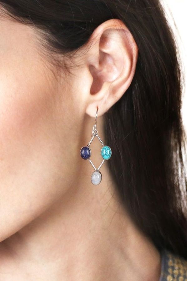 Alternate image for Diamond-Shaped Multi-Gemstone Dangle Earrings from India Cosmic Jewel
