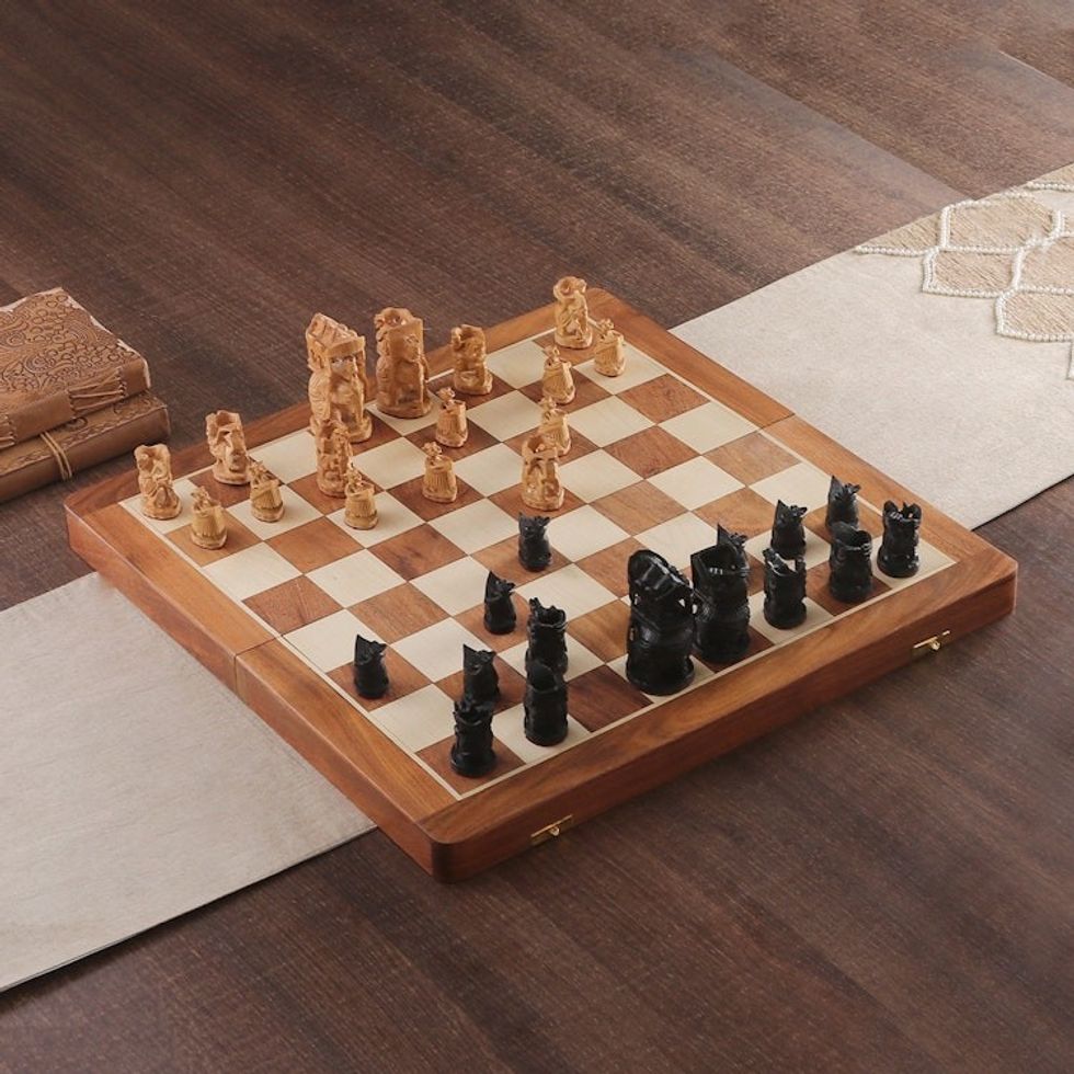 Hand-Painted Brown and Black Wood Chess Set from India 'Challenge of Kings'