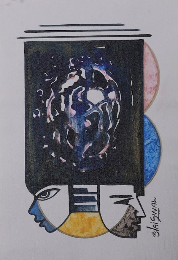 Alternate image for Signed Expressionist Blue-Toned Acrylic Painting from India Thought Process II
