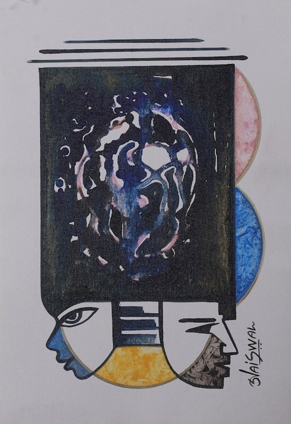 Signed Expressionist Blue-Toned Acrylic Painting from India 'Thought Process II'
