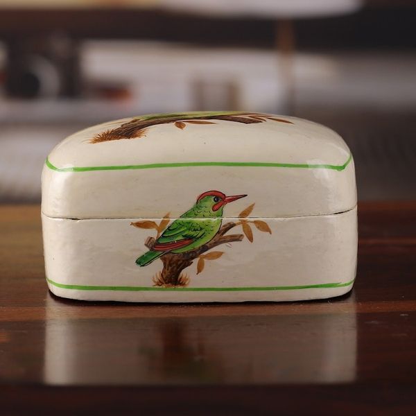 Alternate image for Bird-Themed Green and White Papier Mache Decorative Box Valley Saga