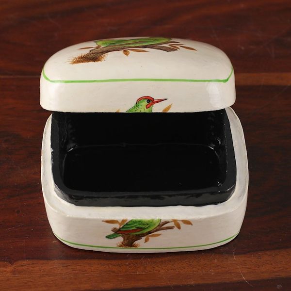 Alternate image for Bird-Themed Green and White Papier Mache Decorative Box Valley Saga