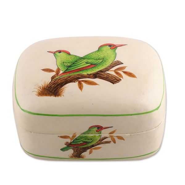Alternate image for Bird-Themed Green and White Papier Mache Decorative Box Valley Saga