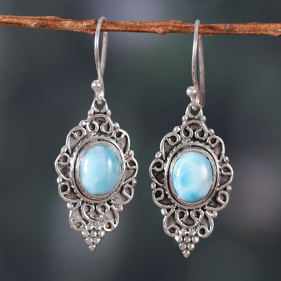 Polished Classic Natural Larimar Dangle Earrings from India 'Classic Heaven'