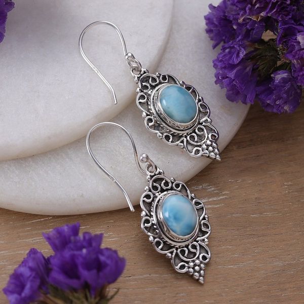 Alternate image for Polished Classic Natural Larimar Dangle Earrings from India Classic Heaven