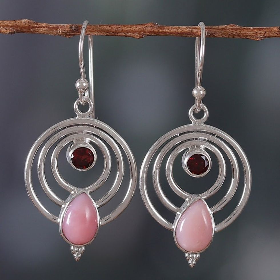 Polished Round Garnet and Opal Dangle Earrings from India 'Orbiting Romance'