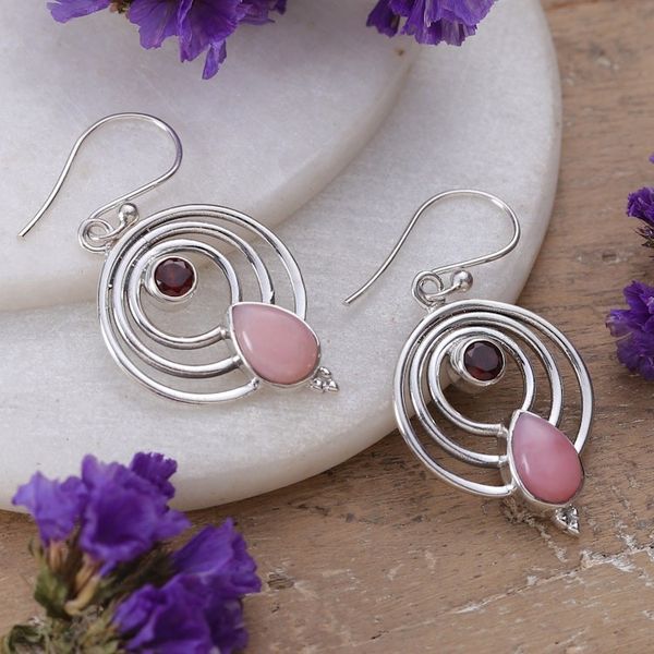 Alternate image for Polished Round Garnet and Opal Dangle Earrings from India Orbiting Romance
