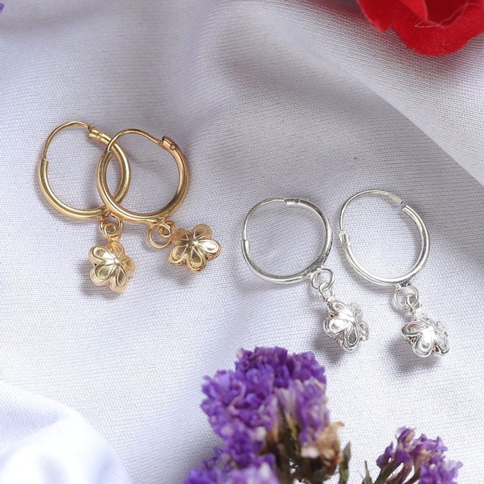 Set of 2 Floral Gold-Plated and Sterling Silver Earrings 'Spring Hoops'