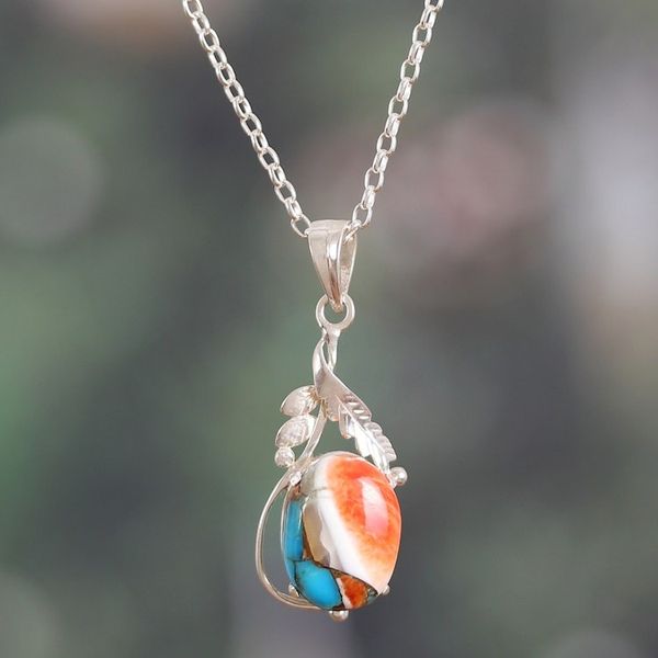 Alternate image for High-Polished Leafy Composite Turquoise Pendant Necklace Natures Elegance