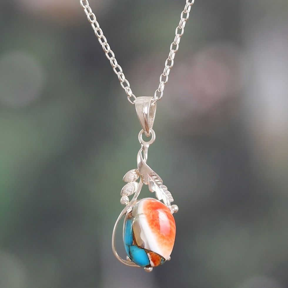 High-Polished Leafy Composite Turquoise Pendant Necklace 'Nature's Elegance'