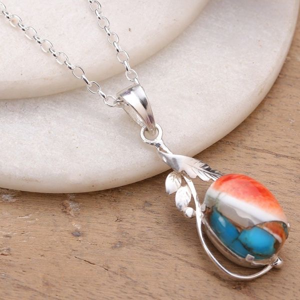 Alternate image for High-Polished Leafy Composite Turquoise Pendant Necklace Natures Elegance