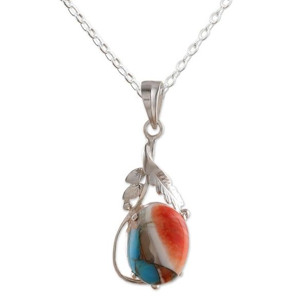 Alternate image for High-Polished Leafy Composite Turquoise Pendant Necklace Natures Elegance