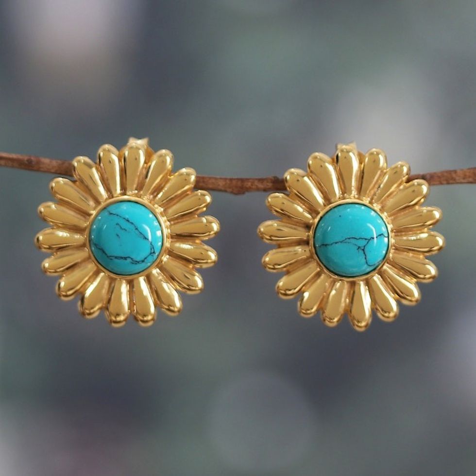 Sunflower-Themed Brass and Recon Turquoise Button Earrings 'Tranquil Blossom'