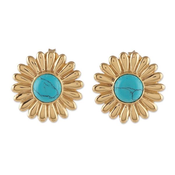 Alternate image for Sunflower-Themed Brass and Recon Turquoise Button Earrings Tranquil Blossom