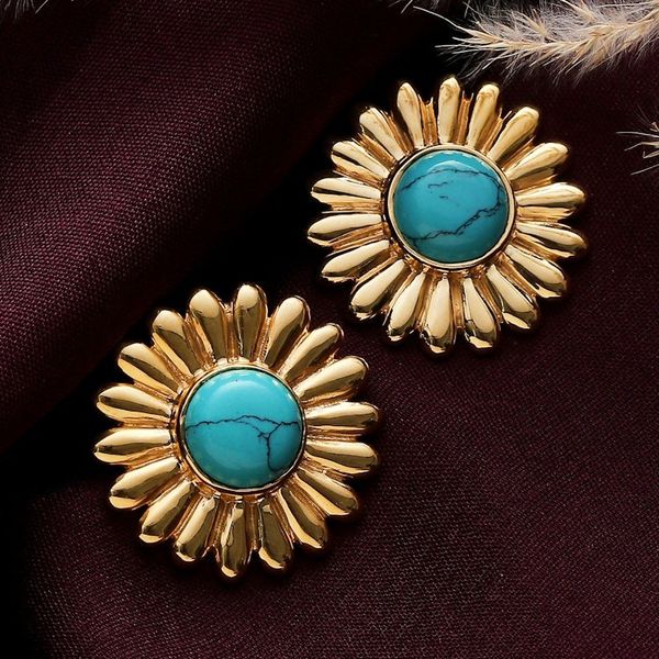 Alternate image for Sunflower-Themed Brass and Recon Turquoise Button Earrings Tranquil Blossom