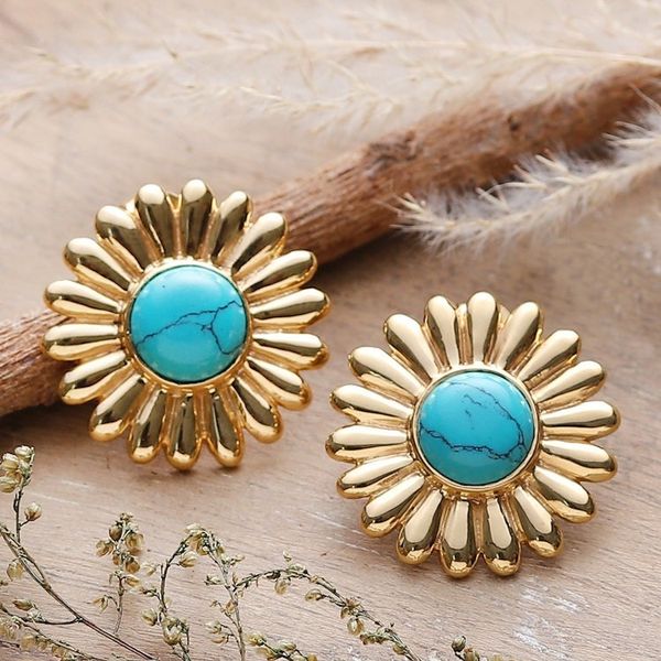 Alternate image for Sunflower-Themed Brass and Recon Turquoise Button Earrings Tranquil Blossom