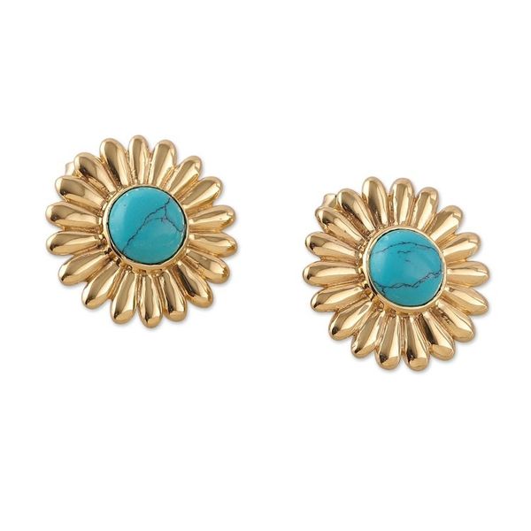 Alternate image for Sunflower-Themed Brass and Recon Turquoise Button Earrings Tranquil Blossom