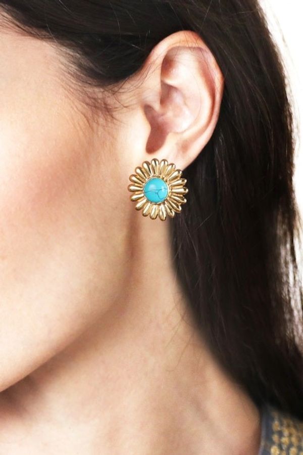 Alternate image for Sunflower-Themed Brass and Recon Turquoise Button Earrings Tranquil Blossom