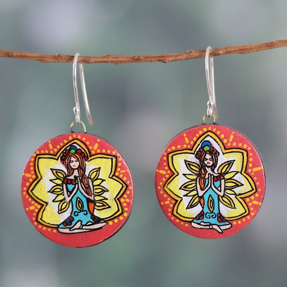 Hand-Painted Meditation-Themed Round Ceramic Dangle Earrings 'Meditative Maiden'