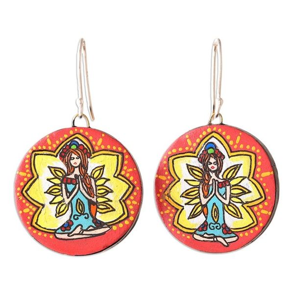 Alternate image for Hand-Painted Meditation-Themed Round Ceramic Dangle Earrings Meditative Maiden