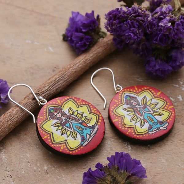 Alternate image for Hand-Painted Meditation-Themed Round Ceramic Dangle Earrings Meditative Maiden