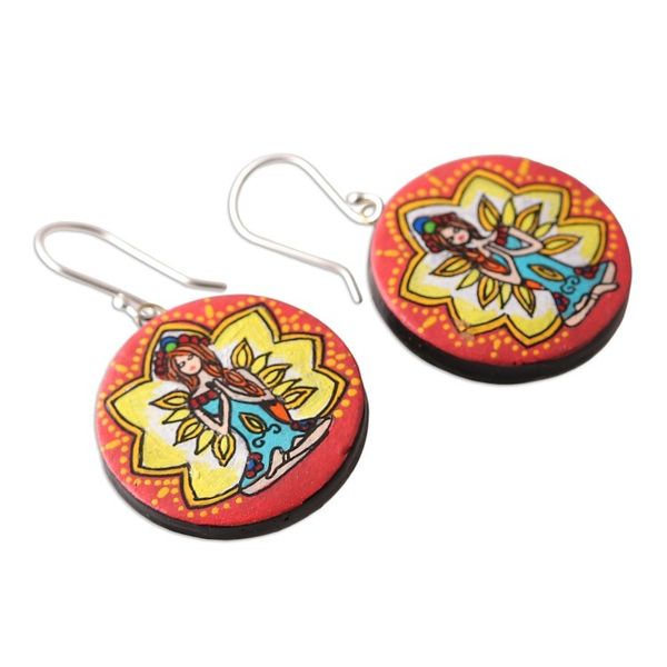 Alternate image for Hand-Painted Meditation-Themed Round Ceramic Dangle Earrings Meditative Maiden