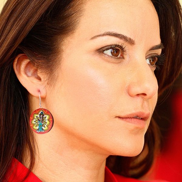 Alternate image for Hand-Painted Meditation-Themed Round Ceramic Dangle Earrings Meditative Maiden