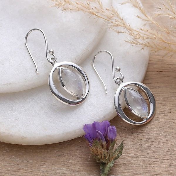 Alternate image for Sterling Silver and Rainbow Moonstone Orb Dangle Earrings Captured Mist