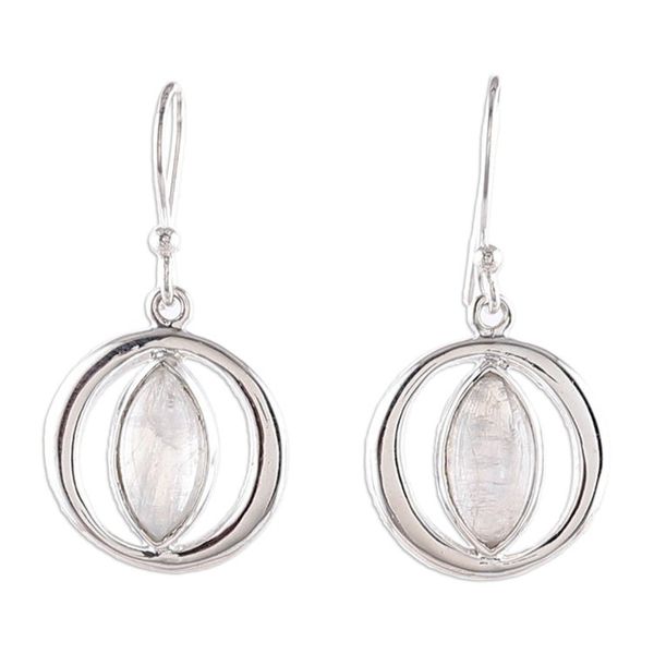 Alternate image for Sterling Silver and Rainbow Moonstone Orb Dangle Earrings Captured Mist