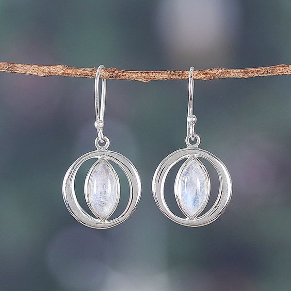 Alternate image for Sterling Silver and Rainbow Moonstone Orb Dangle Earrings Captured Mist