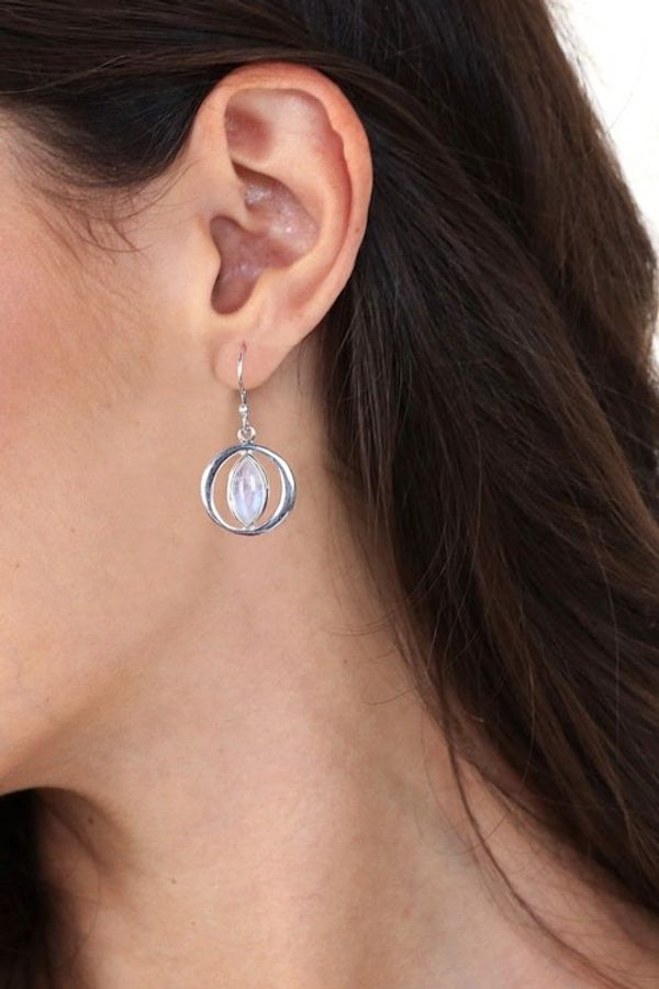 Alternate image for Sterling Silver and Rainbow Moonstone Orb Dangle Earrings Captured Mist