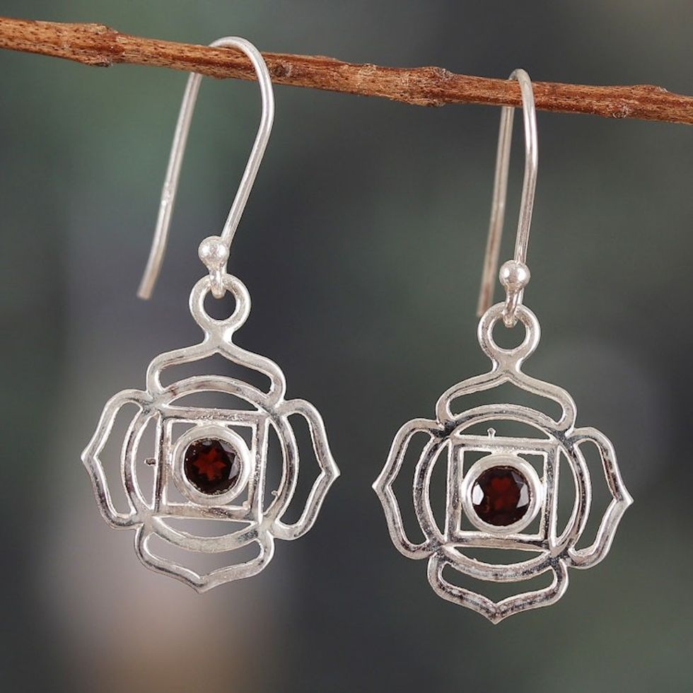 Root Chakra-Shaped Natural Garnet Dangle Earrings from India 'Scarlet Chakra'