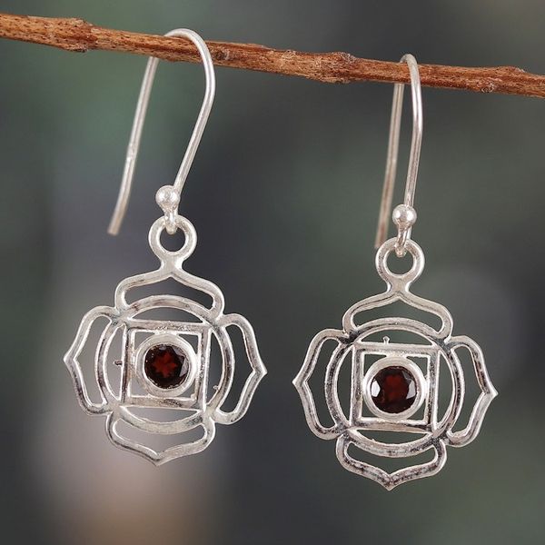 Alternate image for Root Chakra-Shaped Natural Garnet Dangle Earrings from India Scarlet Chakra