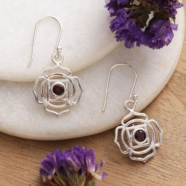 Alternate image for Root Chakra-Shaped Natural Garnet Dangle Earrings from India Scarlet Chakra