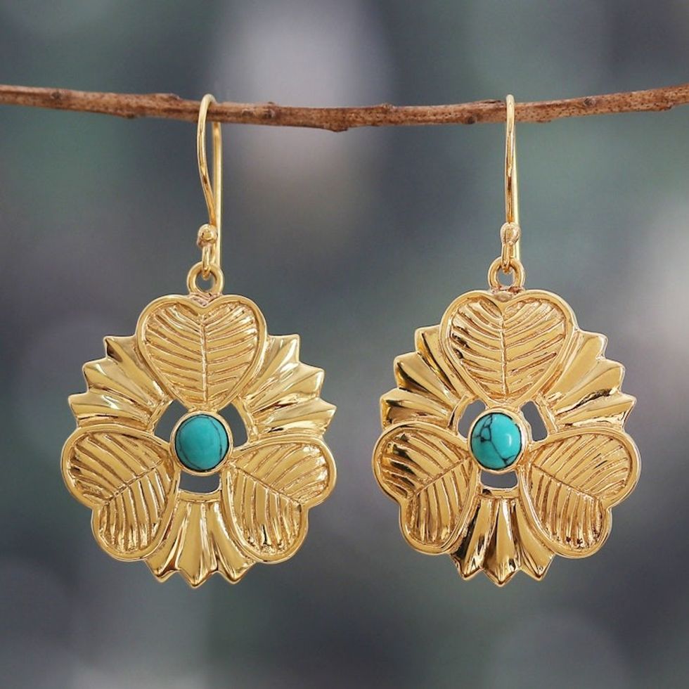 Heart and Flower-Themed Recon Turquoise Dangle Earrings 'Crowns of Calm'
