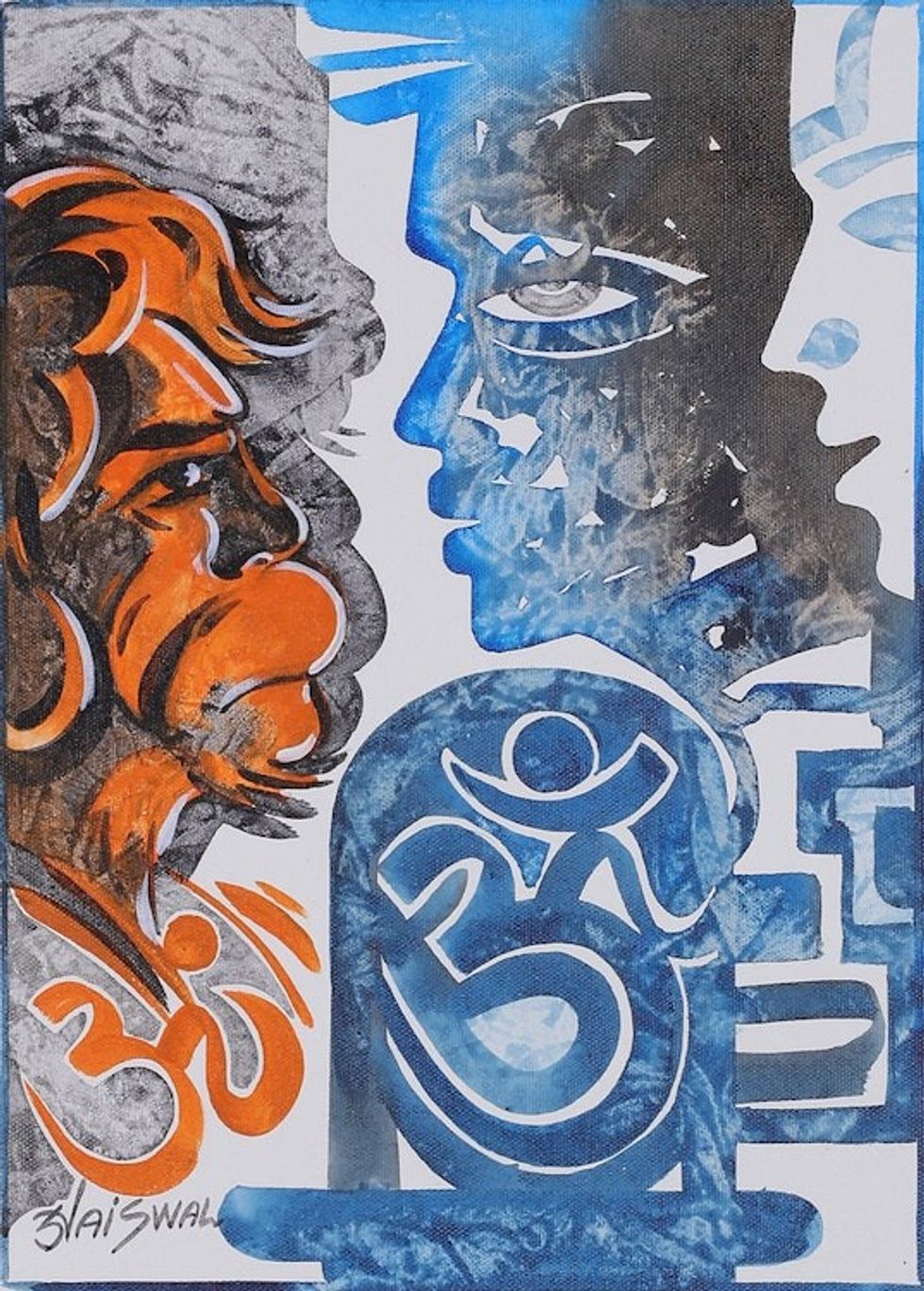 Signed Expressionist Spiritual Blue and Red Acrylic Painting 'Rudra Avtar'