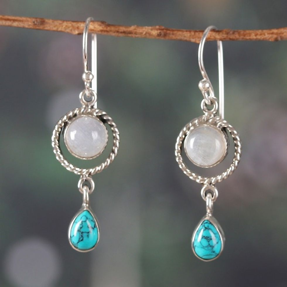 Classic Rainbow Moonstone and Calcite Dangle Earrings 'Harmonious Appeal'