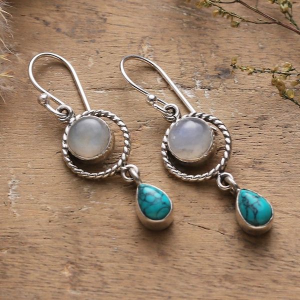 Alternate image for Classic Rainbow Moonstone and Calcite Dangle Earrings Harmonious Appeal