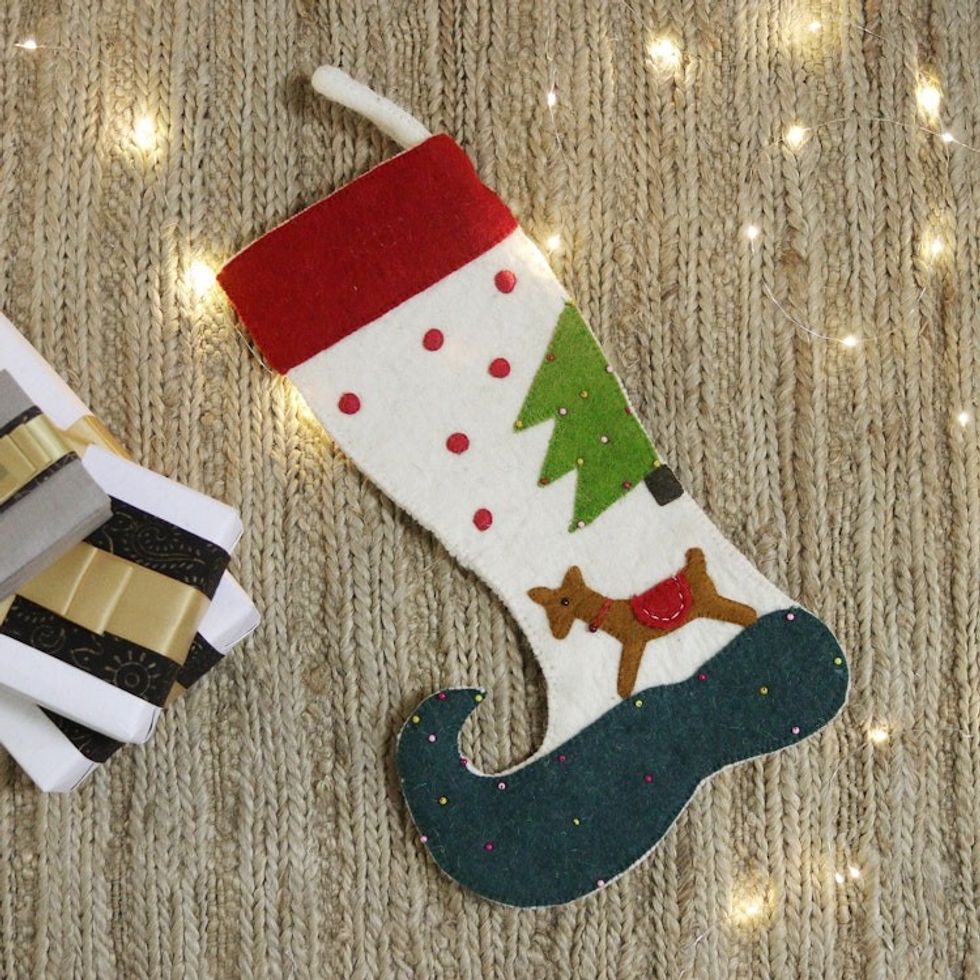 Handmade Applique Wool Felt Glass Beaded Christmas Stocking 'Cute Reindeer'