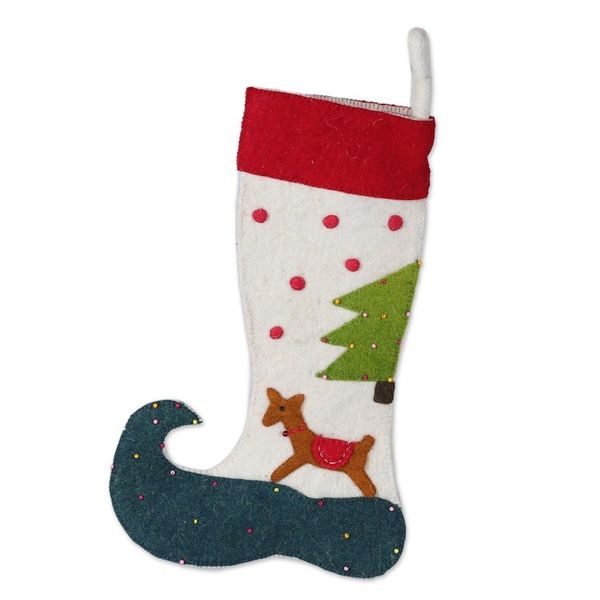 Alternate image for Handmade Applique Wool Felt Glass Beaded Christmas Stocking Cute Reindeer