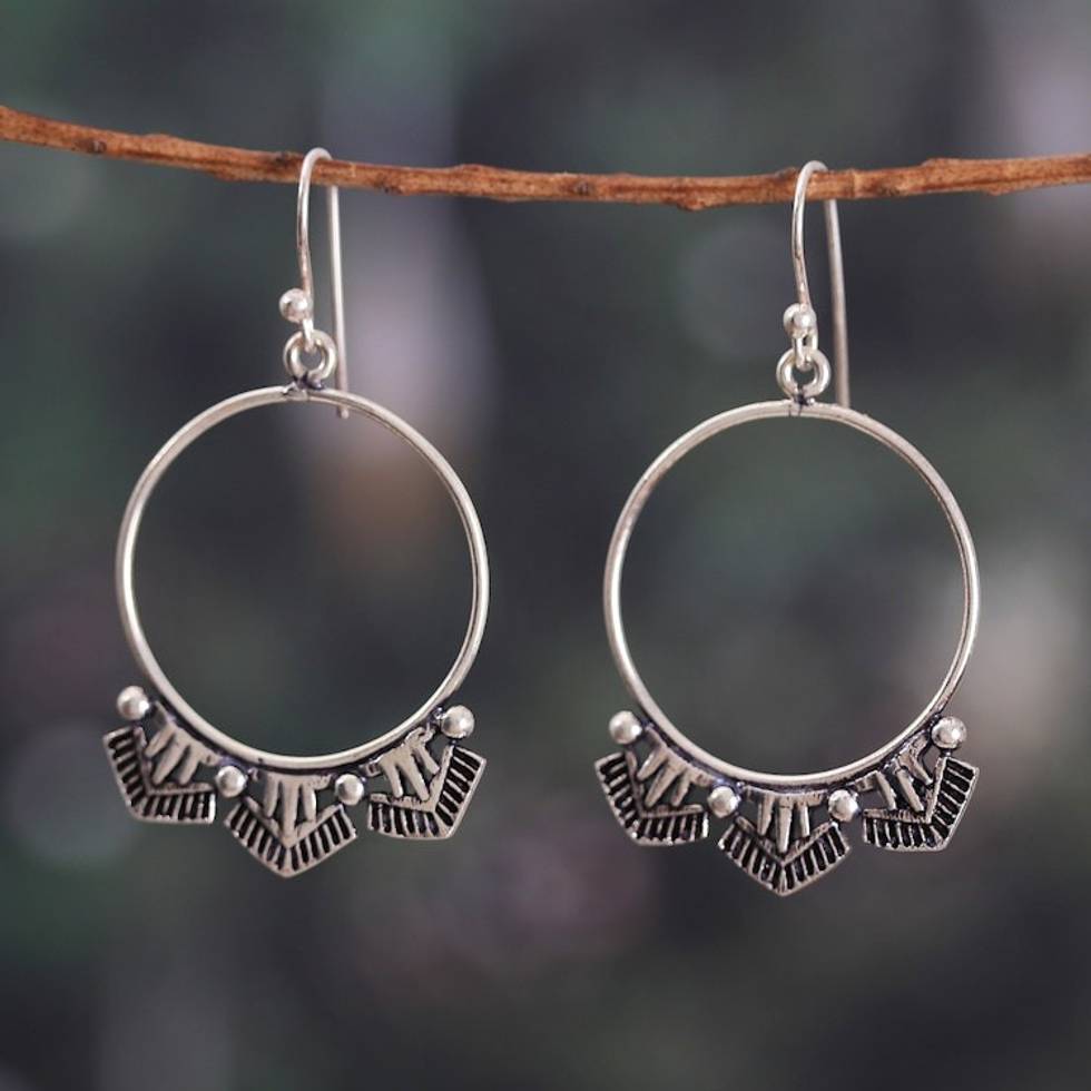 Polished and Oxidized Sterling Silver Dangle Earrings 'Magical Pyramids'