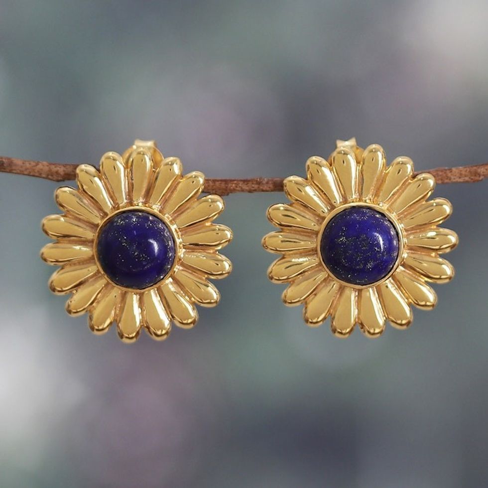 Sunflower-Themed Brass and Lapis Lazuli Button Earrings 'Royal Blossom'