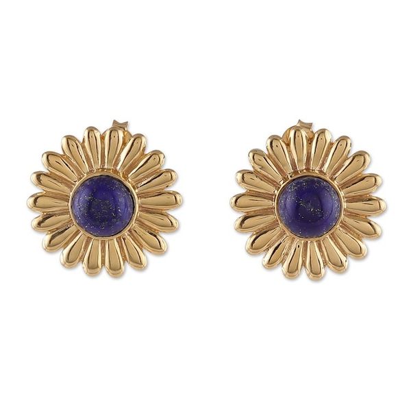 Alternate image for Sunflower-Themed Brass and Lapis Lazuli Button Earrings Royal Blossom