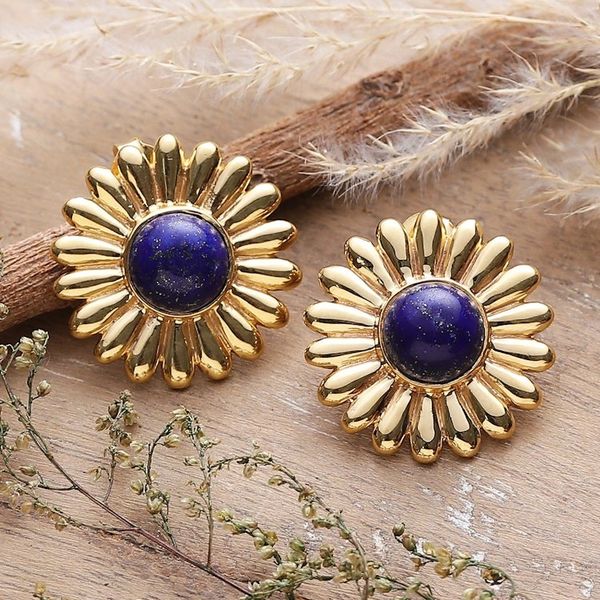 Alternate image for Sunflower-Themed Brass and Lapis Lazuli Button Earrings Royal Blossom