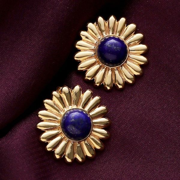 Alternate image for Sunflower-Themed Brass and Lapis Lazuli Button Earrings Royal Blossom