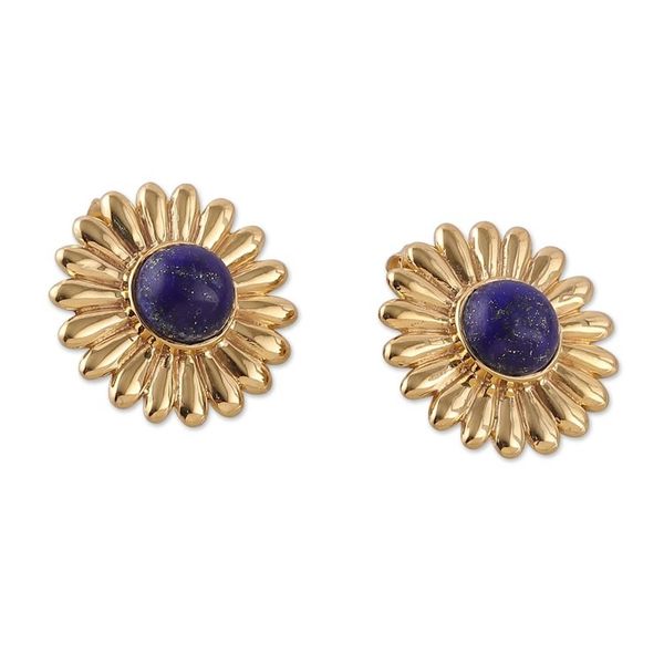 Alternate image for Sunflower-Themed Brass and Lapis Lazuli Button Earrings Royal Blossom