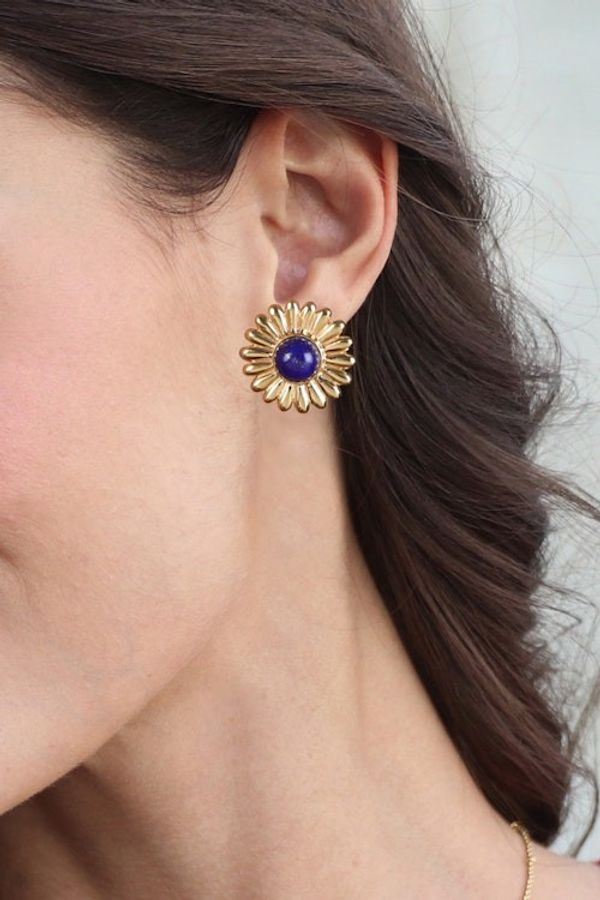 Alternate image for Sunflower-Themed Brass and Lapis Lazuli Button Earrings Royal Blossom