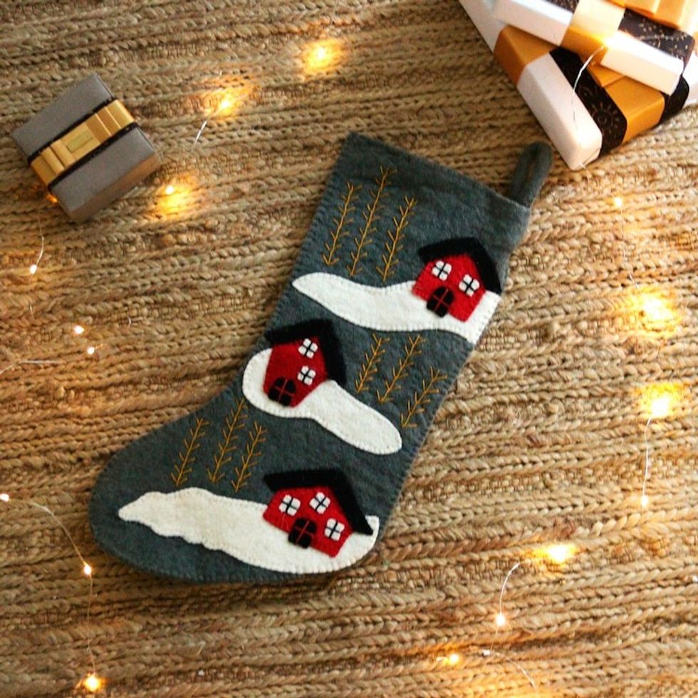 Whimsical Applique Wool Felt Christmas Stocking in Grey 'Homey Season'
