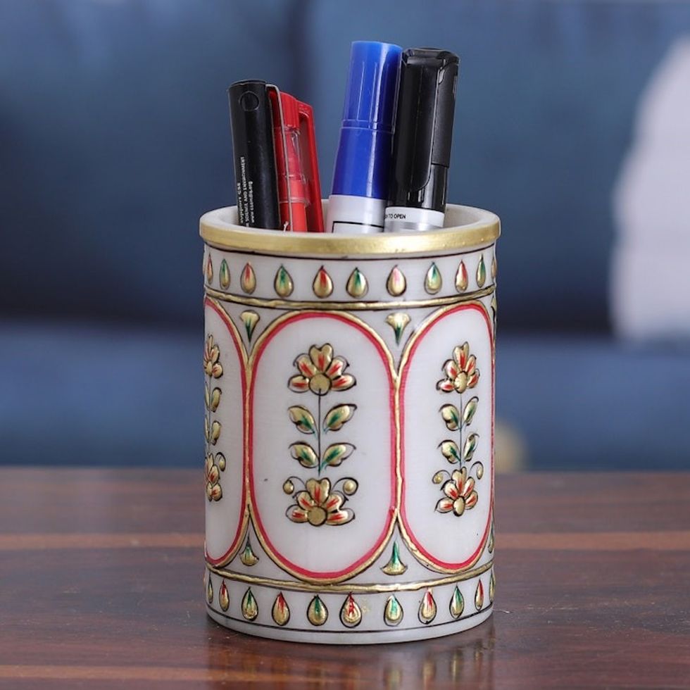 Traditional Floral Golden and Red Marble Pen Holder 'Palatial Windows'